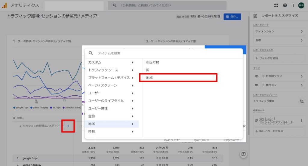 セカンダリディメンションの設定